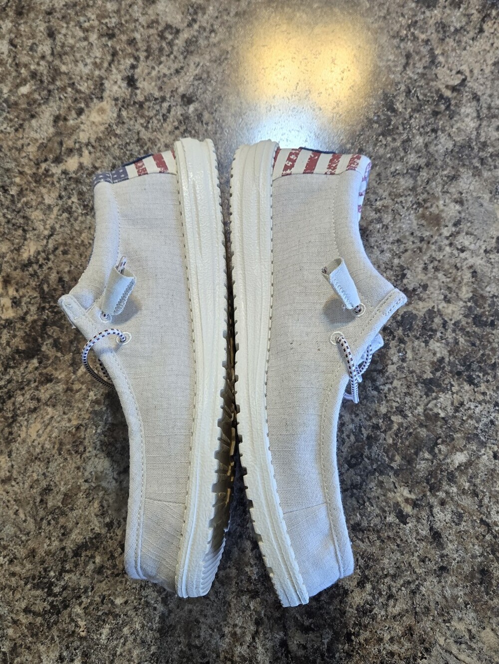 Hey Dude Mens/womens White Canvas Slip-Ons with Red & Blue Flag Accent - Picture 4 of 9
